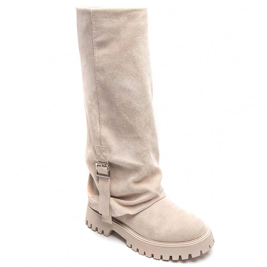 Women's Plain Pointed Toe Zipper Fashion Mid-Calf Boots With Buckle - Beige - View 1