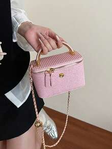 1 件黑色休闲百搭手提包，时尚刺绣格纹面料，适合上班时携带手机、口红、硬币 - 粉色 - 查看 3