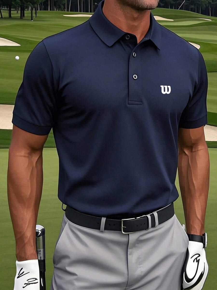 Men's Letter Print Short Sleeve Casual/Work Polo Shirt With Buttons - Navy Blue - View 1