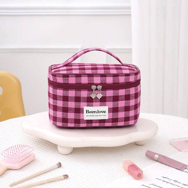 1pc Plaid Cosmetic Bag,Women Makeup Bag, Make Up Organizer, Cosmetic Bag, Shower Caddy, Beach Bag For Women, Toiletry Bag For Bathroom, Wash Bag For Travel, Shower Caddy For College Dorm, Large Capacity, Durable