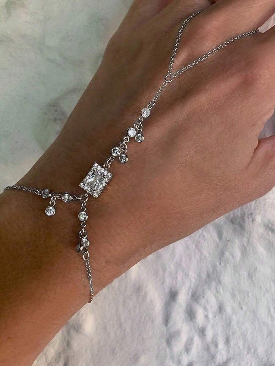 1 Peça Nova Pulseira Corrente de Mão com Strass, Ornamento de Mão Geométrico Quadrado Minimalista para Mulheres