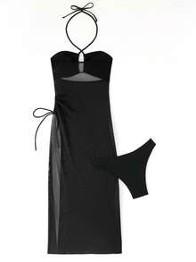 2pcs Set Solid Color Casual Elegant Sexy Net Insert Back Tie Ruffle Drawstring Swimsuit, Suitable For Beach, Travel, Workout, All Season