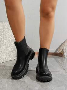 切尔西踝靴，粗跟一脚蹬短靴，时尚粗跟皮革战斗靴