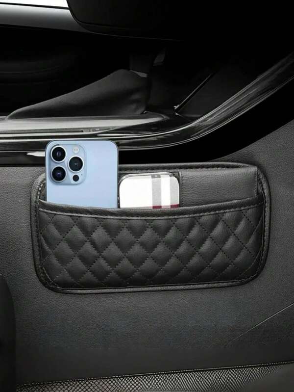 1pc Stylish Black Quilted PU Leather Car Seat Organizer For Effortless Storage Of Phone, Keys, Coins & Small Essentials - Elegant Diamond Pattern Design Perfectly Fits Most Car Interiors, Ideal For Holiday Travel, Road Trips, And Daily Commutes, Enhancing Your Vehicle's Organization And Aesthetic Appeal, Perfect Gift For Christmas, Thanksgiving, New Year, And Valentine's Day Celebrations, Ensuring A Clutter-Free Driving Experience While Adding A Touch Of Sophistication To Your Car's Interior.
