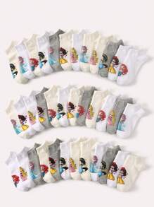 5/10/15 Paar Damen/Herren/Mädchen/Jungen/Paar, Frühling/Sommer, niedrig geschnittene Socken, Dekor mit Cartoon-Prinzessinnen-Muster, süß, hautfreundlich, weich, atmungsaktiv, vielseitig, geeignet für Studenten, Erwachsene, Party, Urlaub, Büro, Zuhause und den Alltag, zufällige Farbe und Stil