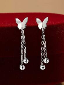 1 Pair S925 Sterling Silver Minimalist Sweet Butterfly Tassel Stud Earrings, Unique Design Gift, Versatile For Everyday Wear