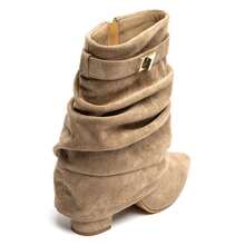 Women's Solid Color Pointed Toe Zipper Mid-Calf Boots With Buckle - TAUPE - View 5