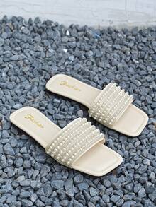 Sandalias planas con adorno de perlas para mujer - Beis - Ver 7
