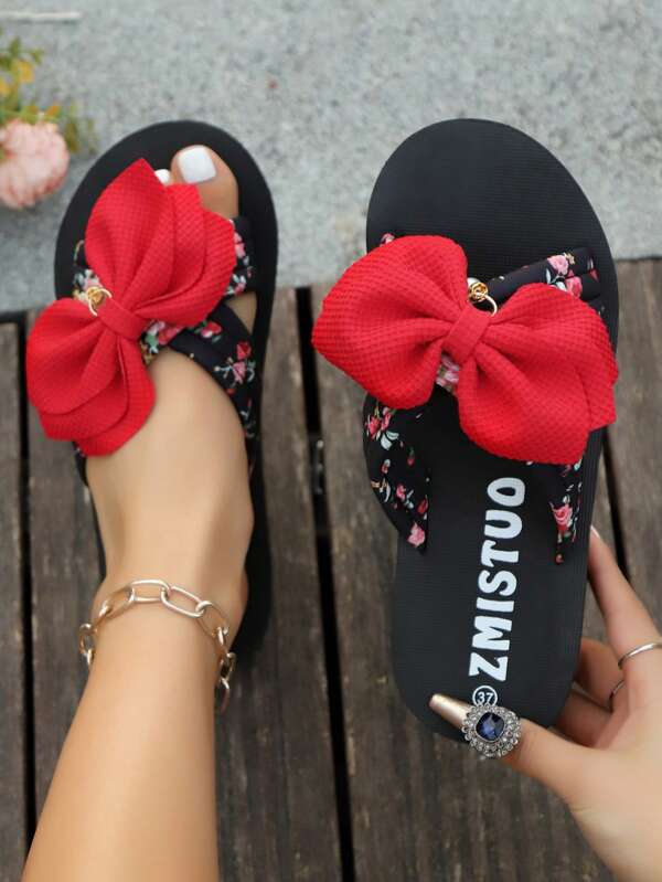 Women's Cute Bow Decor, Pearl & Ditsy Floral Printed Chunky Heel Sandals, Red