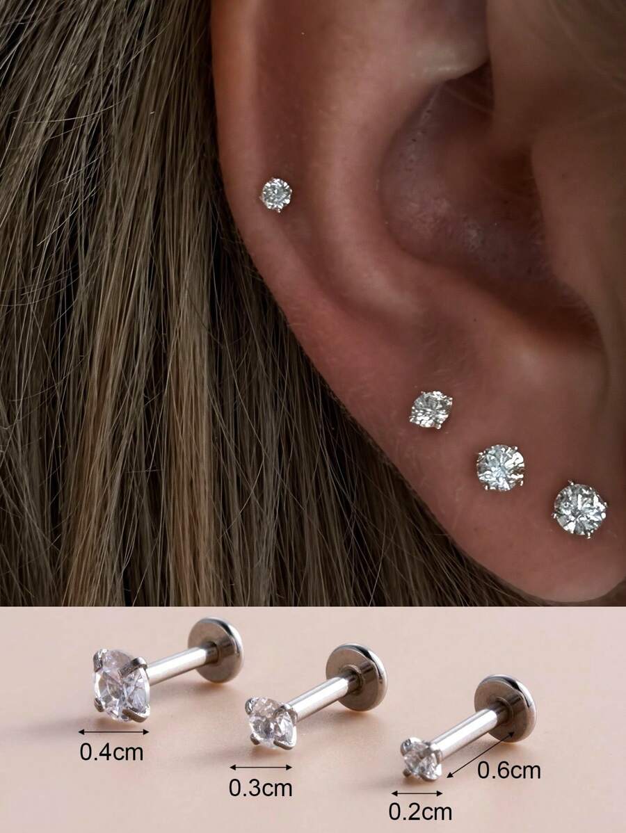 6/3/2/1 قطعة / مجموعة من أقراط مسمار للنساء، من الفولاذ المقاوم للصدأ مع سلك داخلي مسطح القاعدة مع أحجار زركونيا بأحجام مختلفة، أقراط للثقب في الغضروف، ديث، بواسطة، روك، هيليكس، شحمة الأذن، إكسسوارات أذن صغيرة مثقوبة