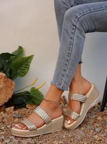 Women's Thick Sole Straw Rope Woven Summer Beach Vacation Casual Fashion Slip-On Platform Wedge Sandals