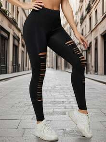 Women's Fashionable Slim-Fit Asymmetric Ripped Leggings Spring Black - Black - View 3
