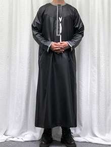 New Solid Color Round Neck Embroidered Tasseled Abaya Robe, Long Sleeve Arabian Saudi Men Robe - Black - View 3