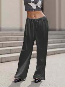 Women's Silk Wide Leg Pants Drawstring High Waist Solid Color Loose Pants Flowy Trousers - Black - View 5