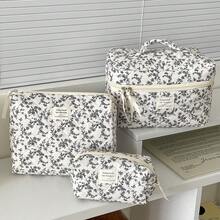 French Style Black & White Ditsy Floral Soft Fabric Zipper Makeup Bag, Minimalist Retro Toiletry Organizer Pouch For Home, Travel, Outdoor Use, Womentravel Essentials Vacation Summer Holiday Back To School School Stuff Bag For School Travel Bag For Women Makeup Bag For Travel - 黑與白 - 查看 7