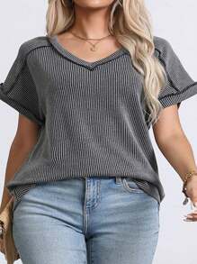 Plus Size Women's Summer Tops V Neck T-Shirt Ribbed Cap Short Sleeve Casual Blouse