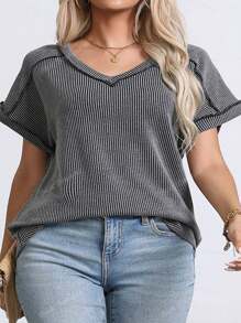 Plus Size Women's Summer Tops V Neck T-Shirt Ribbed Cap Short Sleeve Casual Blouse