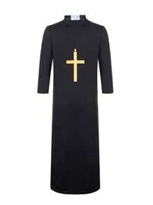 1 Stück schwarzes Priester-Kostüm für Erwachsene, Männer Geistlicher Minister Robe Horror Rollenspiel Outfit mit Kreuz für Halloween