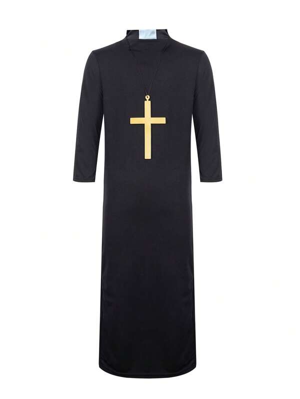 1 Stück schwarzes Priester Kostüm für Erwachsene, Männer Geistlicher Prediger Robe Horror Rollenspiel Outfit mit Kreuz