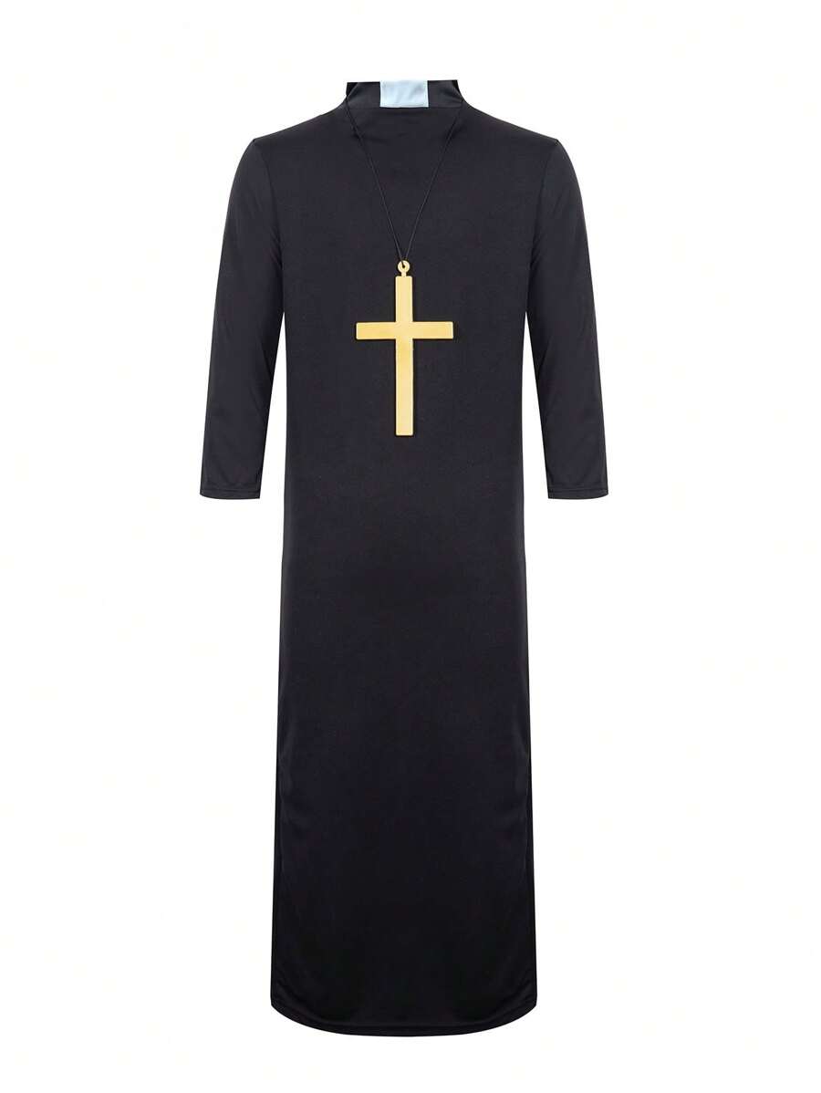 1 Stück schwarzes Priester-Kostüm für Erwachsene, Männer Geistlicher Minister Robe Horror Rollenspiel Outfit mit Kreuz für Halloween