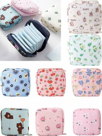5pcs Sanitary Napkin Storage Bag With Zipper, Portable Tampon Bag, Small And Cute Menstrual Pad Bag, Multi-Functional Travel Storage Bag, PU Waterproof Material, With Cute Patterns, Suitable For Storing Women's Personal Care Products.