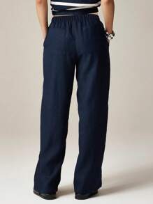 Women's Navy Blue Wide Leg Pants, Elegant Loose Fit Casual Striped Trousers
