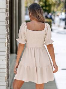 EMERY ROSE Damen kurzes lässiges einfarbiges Minikleid, kurze Ärmel, minimalistisch, Alltagskleidung, kurze aufgeblähte Ärmel, Babydoll-Kleid, quadratischer Ausschnitt, A-Linie Taille, strukturierter Stoff, Unifarbe, elegant und romantisch, geeignet für Alltag und Feiertag, Frühling/Sommer - Aprikosenfarben - Übersicht 4