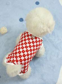 1 pieza Camiseta para perros pequeños de dos tonos con estampado de corazón a cuadros, diseño de anilla para correa, ligera y adecuada para el verano