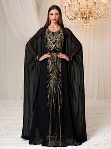 YISIKADO Elegantes Damen Langarm Chiffon Abaya mit kontrastierenden Pailletten-Verzierungen, Rundhalsausschnitt, bodenlang