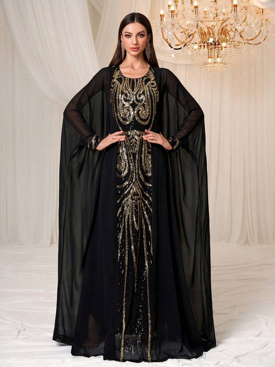 YISIKADO 优雅女士长袖雪纺长袍，饰有撞色亮片，圆领，长款