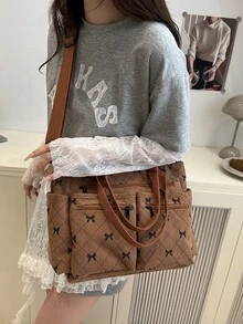 Simple Solid Color Multiple Pockets Shoulder Bag Corduroy Hobo Tote Bag For Women, Casual Crossbody Bag Large Capacity Purse Bucket Bag, Shoulder Satchel Daypack For Outdoor Travel Commuting Work, Vintage Satchel Shopping Bag College Computer Bags Fall Clothes For Women - Brown - View 6