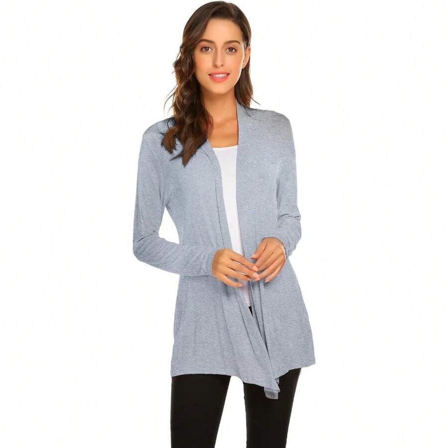 Newchoice Womens Casual Lightweight Long Sleeve Cardigan Soft Drape Open Front Fall Dusters (S-3XL) - Light Grey - View 1