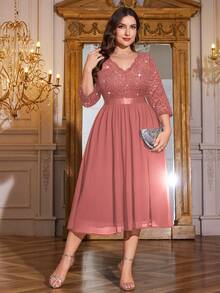Plus V Neck Sequin Floral Lace 3/4 Sleeve Ruffle Chiffon Hem Formal Evening Party Dress, Elegant Wedding Guest Gown,For Graduation,Dinner,Homecoming - 藕粉色 - 查看 5
