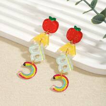 2 Pairs Of Cute And Interesting Acrylic Letters Abcfruit Earrings, With A Artistic Style Design In The Shape Of An Apple Pencil Earrings. Suitable For Daily Use, For Special Occasions, For Dates, Or As Gifts.