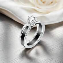 6mm White/Black Ceramic Rings Plus Cubic Zirconia For Women Comfort Fit Engagement Wedding Band Size 5-122025 - Black+Silver - View 5