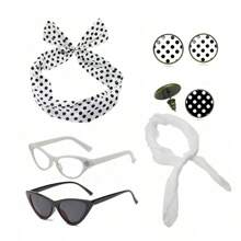 D EXCEED 6PCS Vintage 1950s Women's Accessory Collection | Retro-Inspired Prop Cat-Eye Glasses, Scarf Collar Headbands & Silk Hair Scarves With Polka Dot Stud Earrings - Perfect For Vintage-Themed Parties & Events