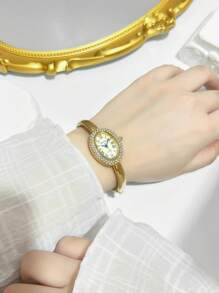 1 relógio de pulso, dourado, prateado, com diamantes, luxuoso, de marca requintada, elegante, de aço inoxidável, à prova d'água, adequado para uso diário, para presentes femininos