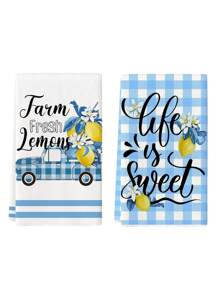2 pièces Serviettes de cuisine style ferme Motifs truck à carreaux bleus et buffles jaunes, avocat vert. Serviettes à vaisselle, essuie-mains pour la cuisine, restaurant et table à manger