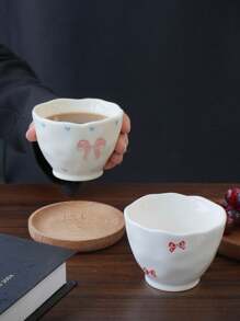 1pc/5pcs Cute Cartoon Heart & Bow Handle Ceramic Mugs, Family Gathering Tableware, Breakfast Milk Cup, Afternoon Tea Coffee Cup, Holiday Souvenir, Birthday Gift Back To School