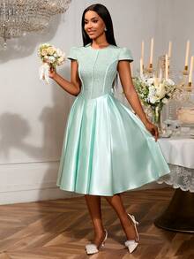 Brautjungfernkleid mit rundem Ausschnitt und Rosen-Jacquard-Muster, elegantes Partykleid mit Schleifen an den Trägern, Outfit für Date, Party, Hochzeit, Brautjungfer, Abschlussball, Hochzeitsgast Herbstmode, Schulanfang - Grün - Übersicht 3