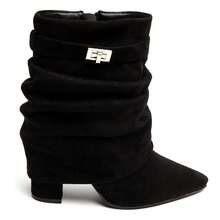 Women's Solid Color Pointed Toe Zipper Mid-Calf Boots With Buckle - Black - View 3