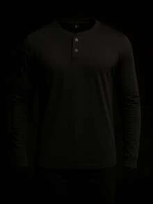 Men's Henley T-Shirt Premium Long Sleeve Slim Fit Cotton With Elastane - màu đen - Xem 1