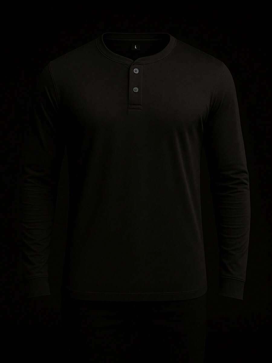 Men's Henley T-Shirt Premium Long Sleeve Slim Fit Cotton With Elastane - màu đen - Xem 1