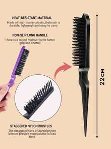 Set de 3 peines de peinado: peine para esponjado, peine de púas y peine para el flequillo y la parte posterior, para desenredar, alisar el cabello - Negro - Ver 3