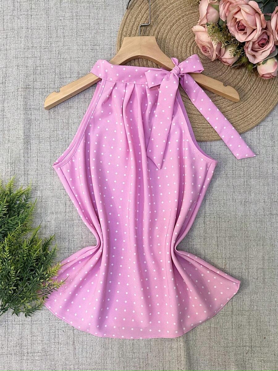 Polka Dot Tie Tank Top - Baby Pink - View 1