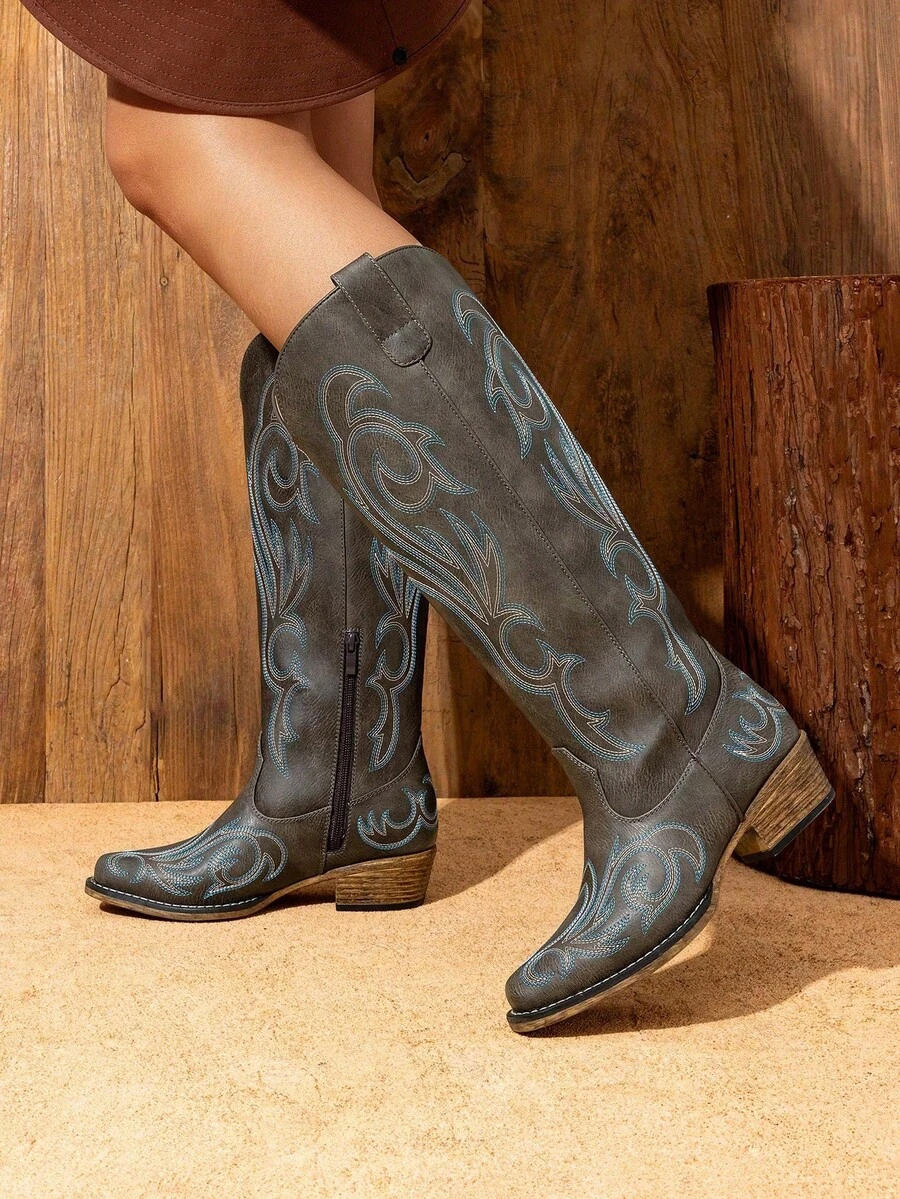 Women's Knee-High Boots, Comfortable Chunky Block Heel Pointed Toe Pull On Side Zipper Suede Slouch Riding Boots