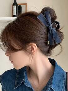 Denim Bow Ribbon Hair Clip - Stylish Black Fabric Accessory, Versatile For Parties & Birthdays, Ideal Mother'S Day Gift Hair Claws Claw Clips Hair Clips Hair Jaw Clip Hair Clamps Hair Clutch Hair Catcher Clip Fashion Hair Accessories