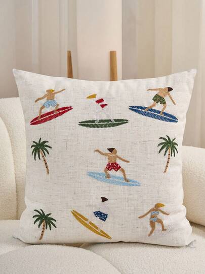 1pc Summer Surfing Pattern Embroidered Decorative Pillow Case, Beach Theme Home Decor For Surfing Camp, Living Room, Bedroom, Porch, Coastal Scenes, Modern Style (Insert Not Included)