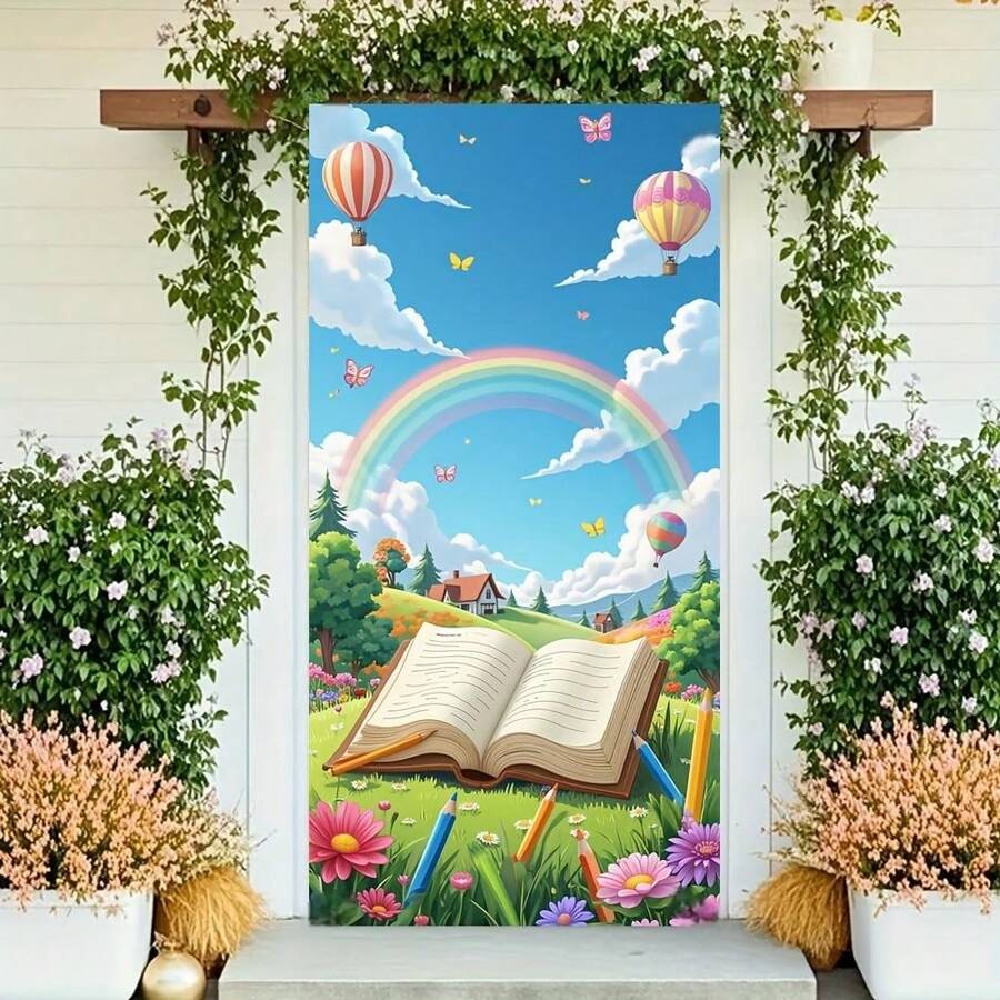 1pc Magical Storybook Polyester Backdrop - Whimsical Rainbow, Hot Air Balloons And Floral Meadow For Room Decoration/Photography, Art Inspired Playmat Without Electricity