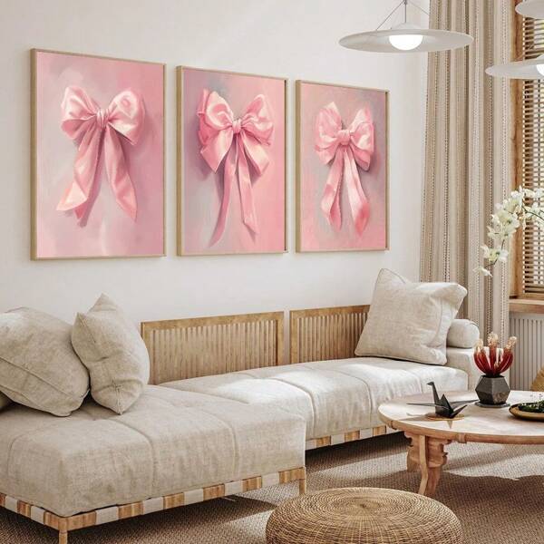 Ensemble 1/3 d'impressions de nœuds roses, décoration murale séduisante, décoration élégante pour chambre d'adolescent, décoration murale pour chambre d'enfant, décoration d'appartement universitaire, impression pastel girly sans cadre